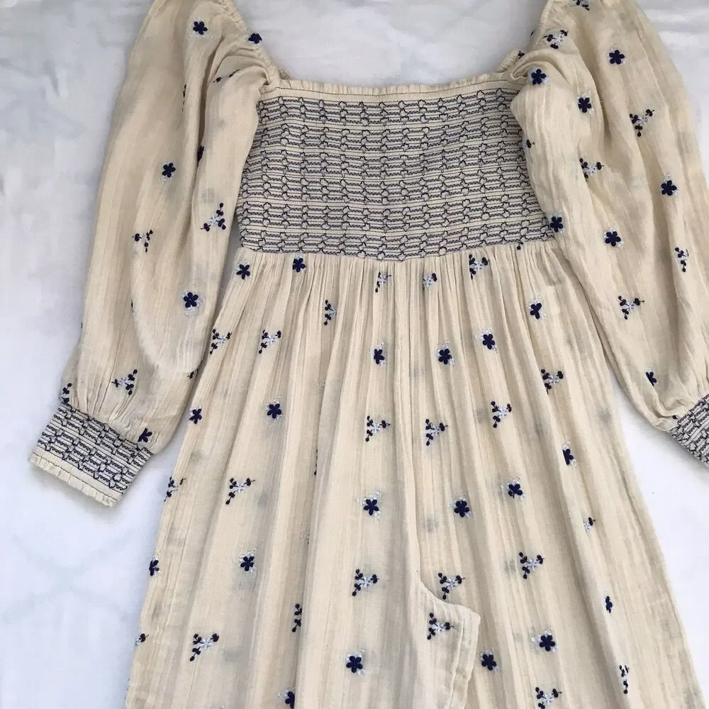 Free People Cream Blue Floral Embroidery Boho Cotton Jumpsuit Womens Large